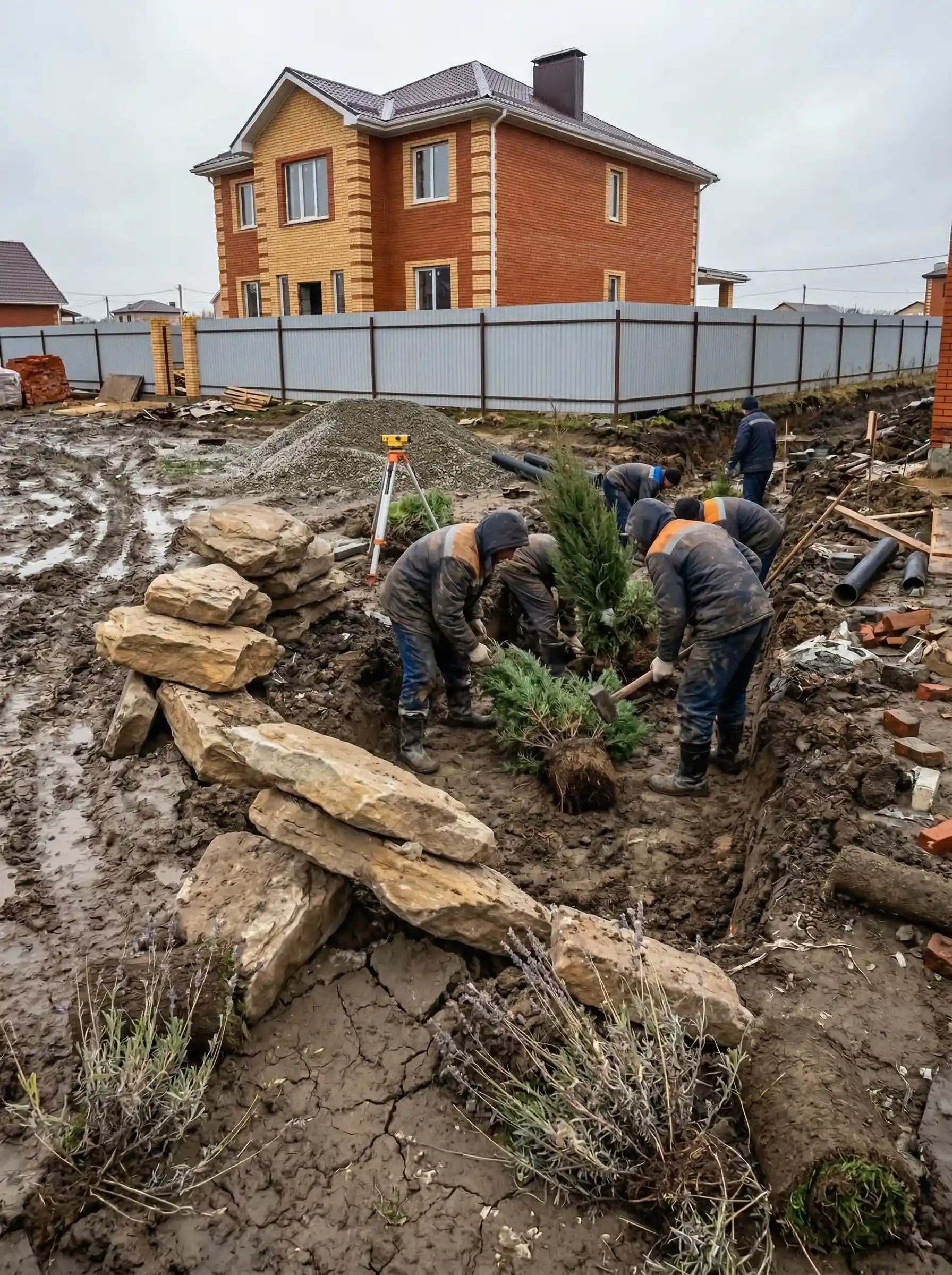 Процесс укладки дренажных труб и кабелей освещения в траншеи