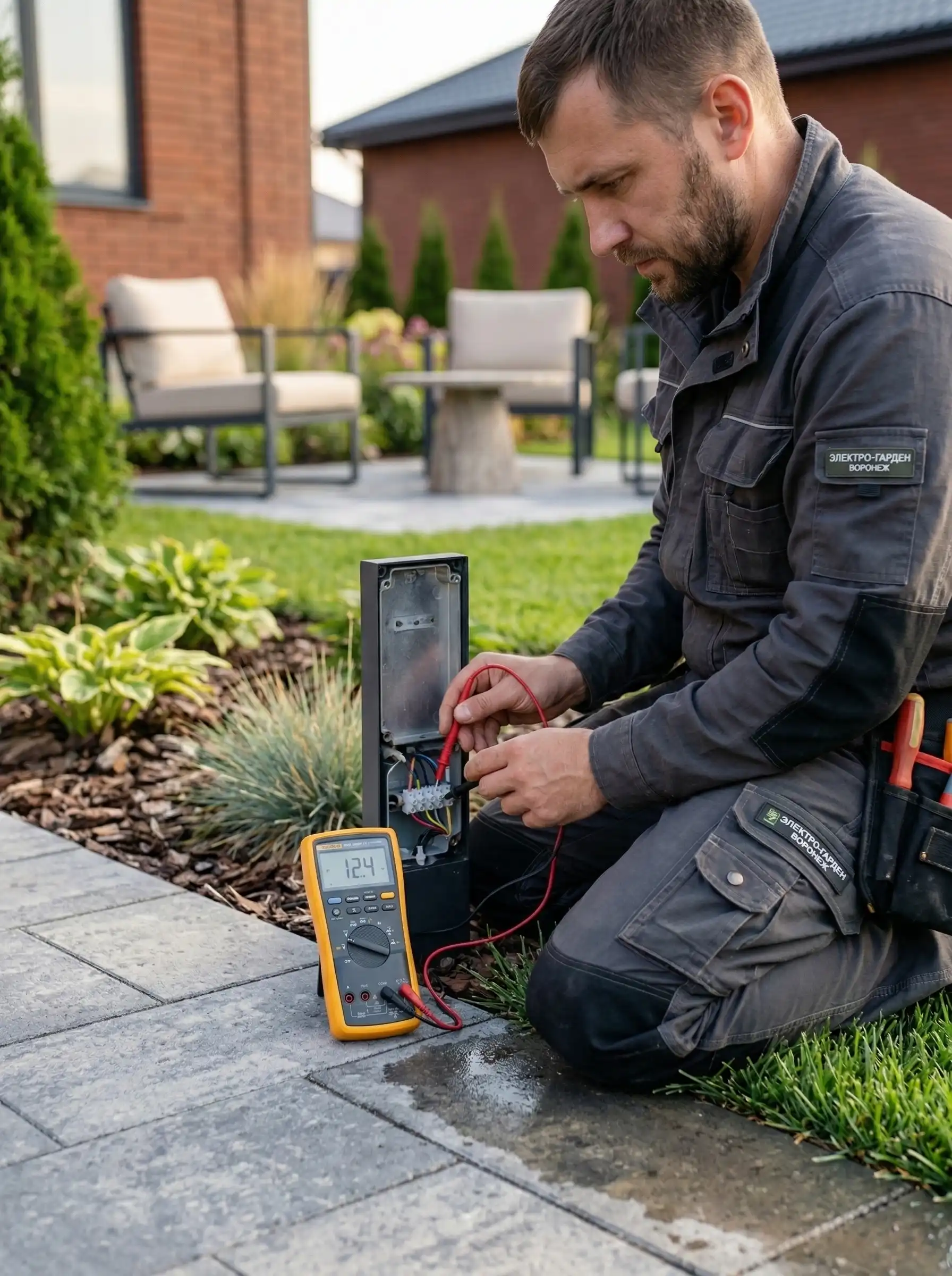 Инженер обслуживает электромагнитный клапан системы автополива