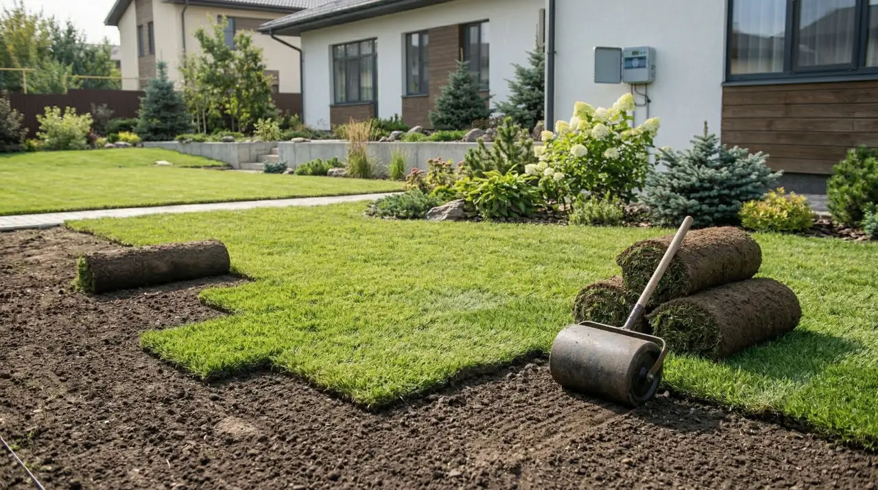 Рулонный газон + посадка